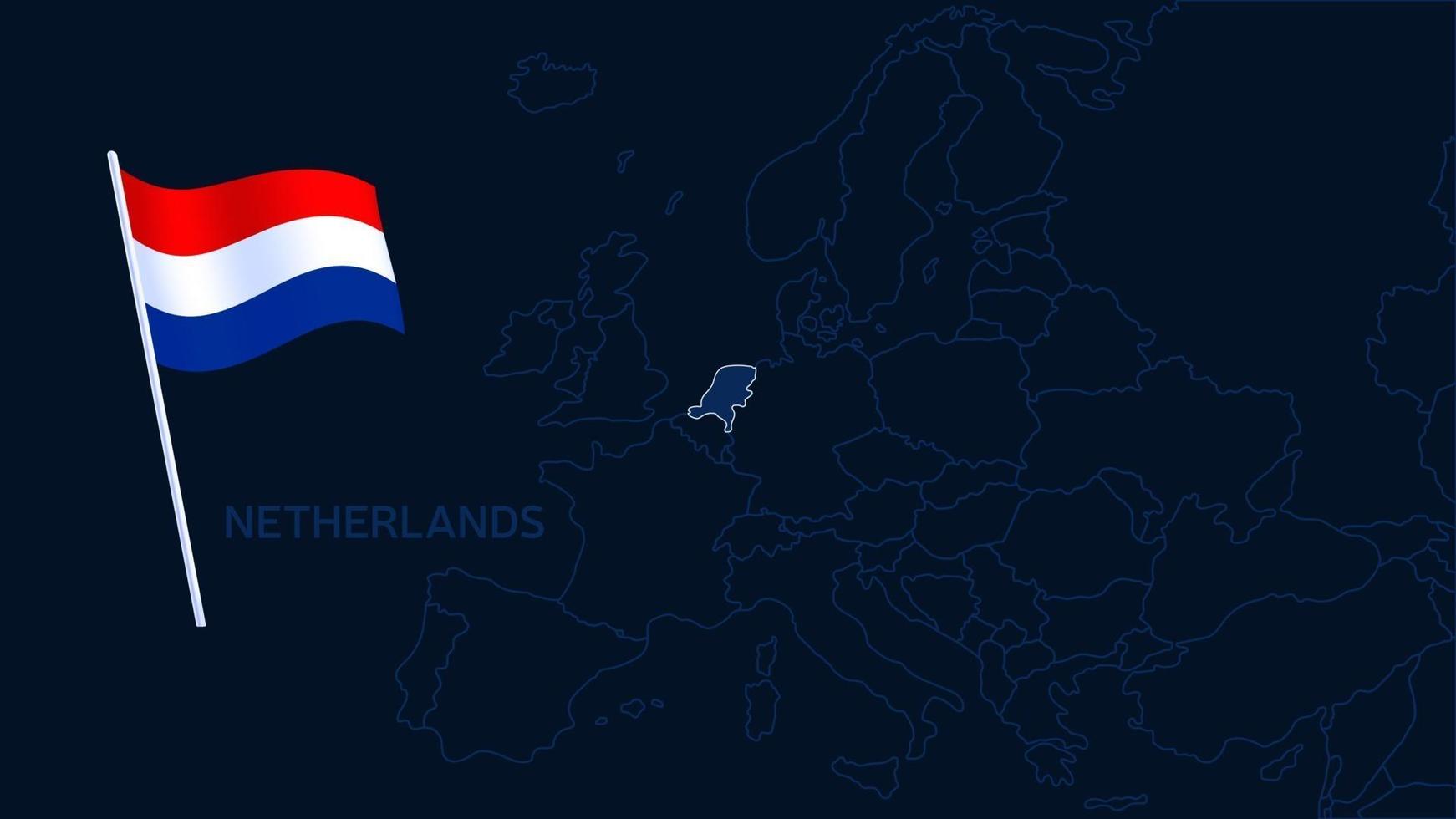 netherlands on europe map vector illustration. High quality map Europe with borders of the regions on dark background with national flag.