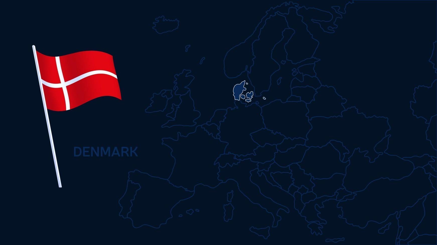 denmark on europe map vector illustration. High quality map Europe with borders of the regions on dark background with national flag.