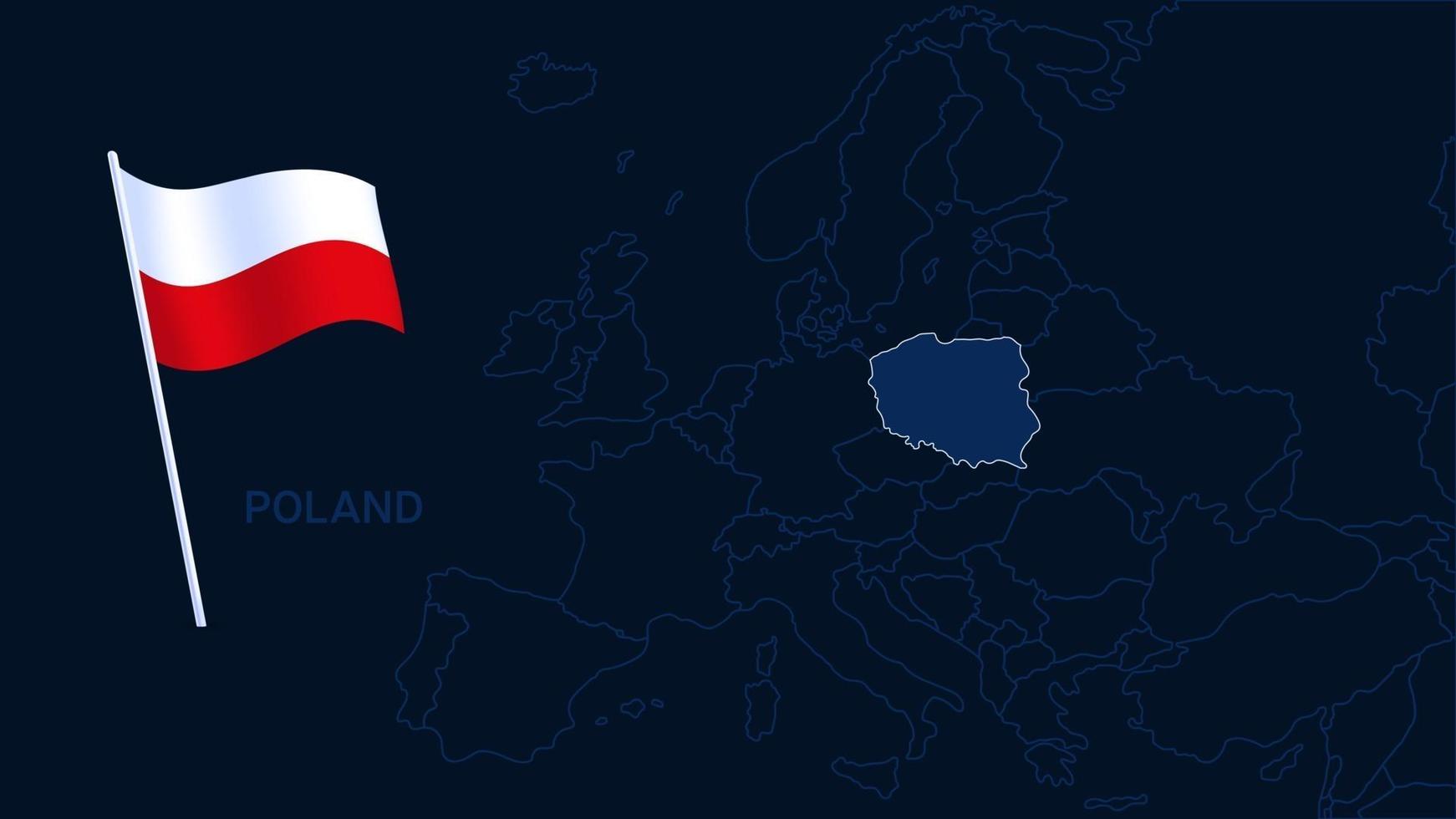 poland on europe map vector illustration. High quality map Europe with borders of the regions on dark background with national flag.