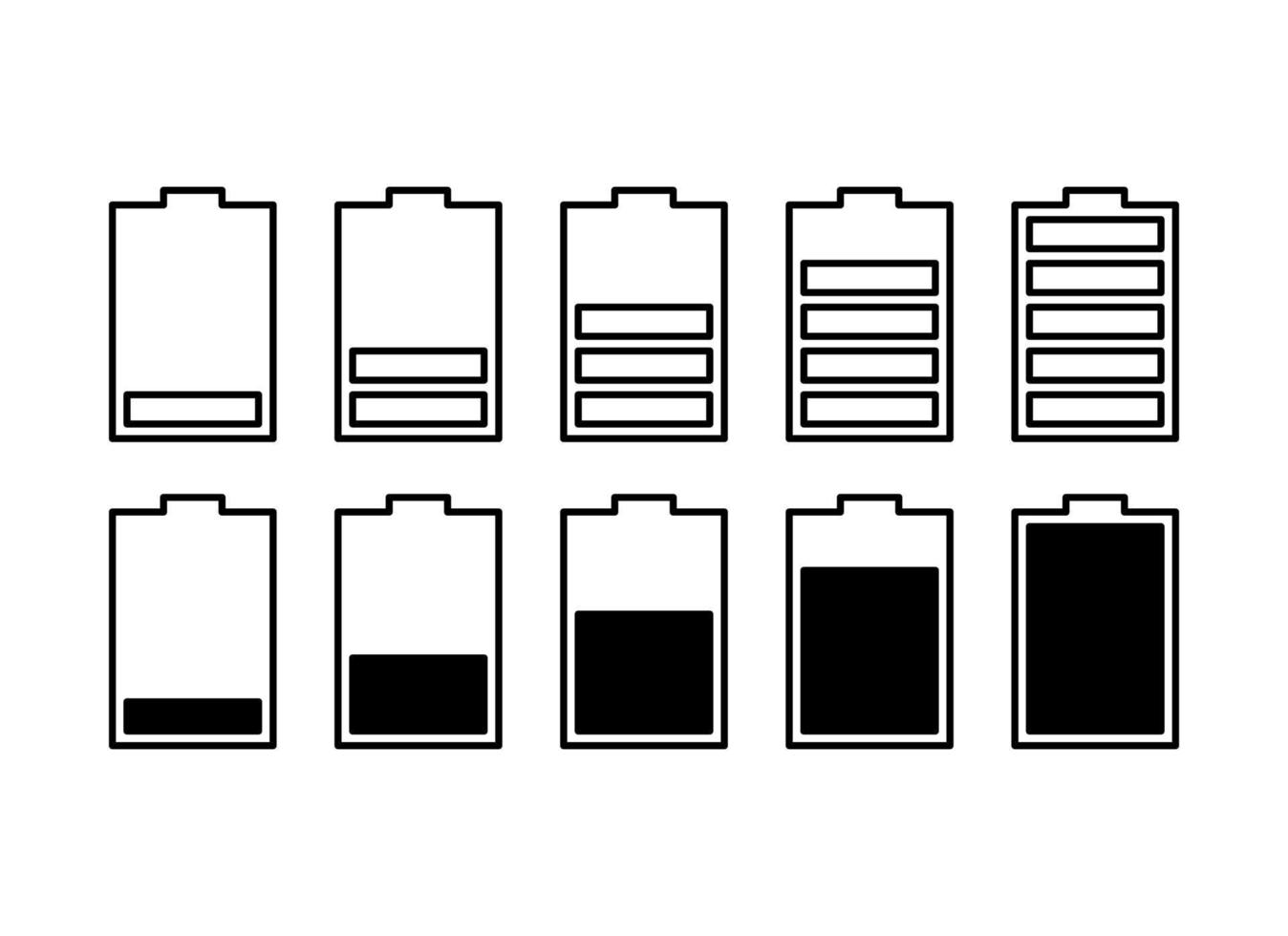 Battery vector icon set with charge level indicators. Flat simple isolated icons