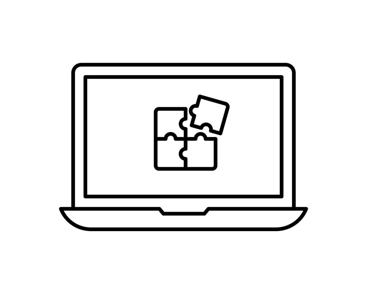 Black and white outline icon of laptop with puzzle design isolated on white. vector