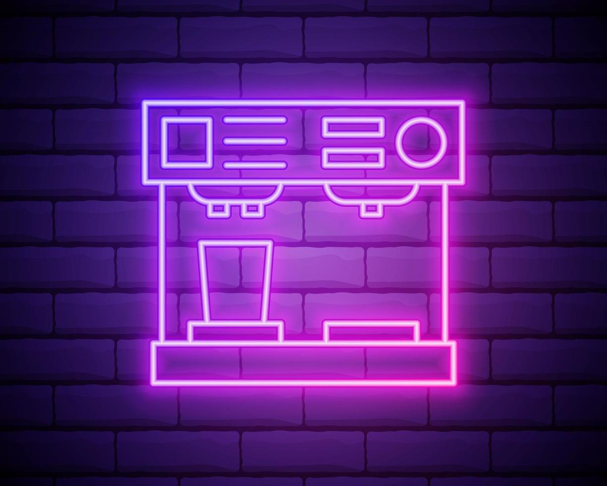 Glowing neon Coffee machine and coffee cup icon isolated on brick wall background. Vector Illustration