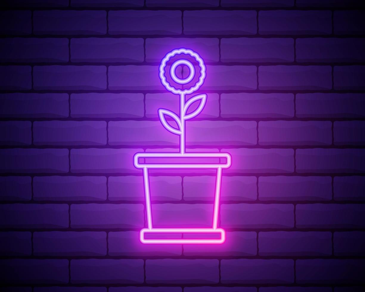 Glowing neon Plant in pot icon isolated on brick wall background. Plant growing in a pot. Potted plant sign. vector