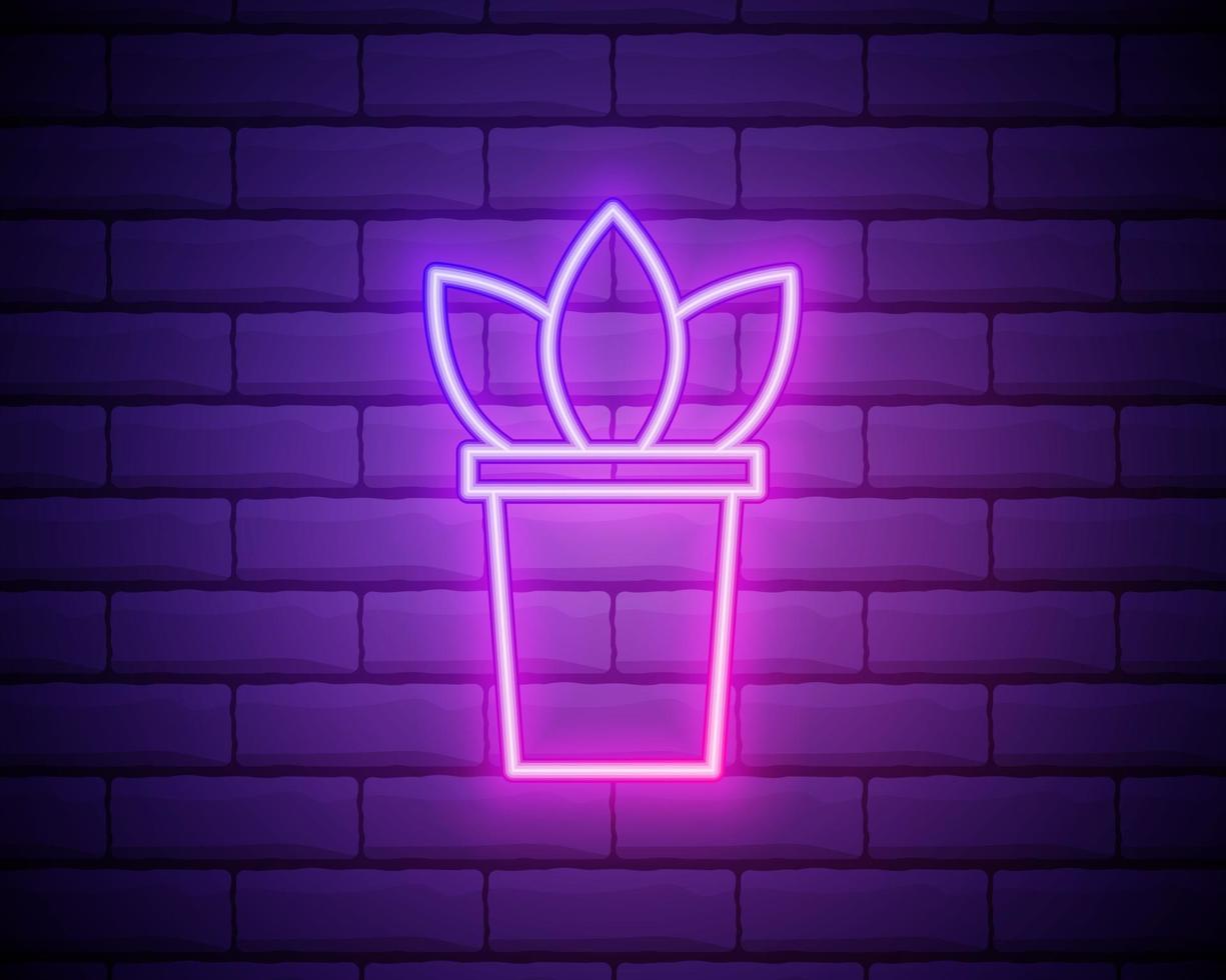Glowing neon Plant in pot icon isolated on brick wall background. Plant growing in a pot. Potted plant sign. vector