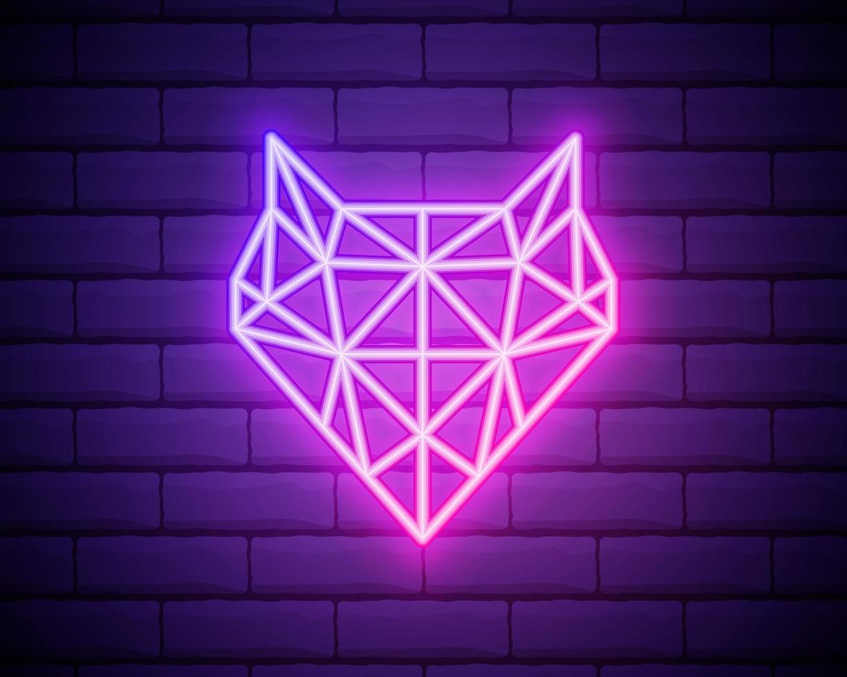 Abstract polygonal triangle animal fox neon sign. Hipster animal. Pink vector fox head icon isolated on brick wall