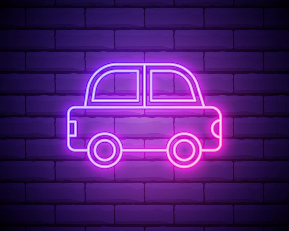 Car pink glowing neon ui ux icon. Glowing sign logo vector isolated on brick wall background