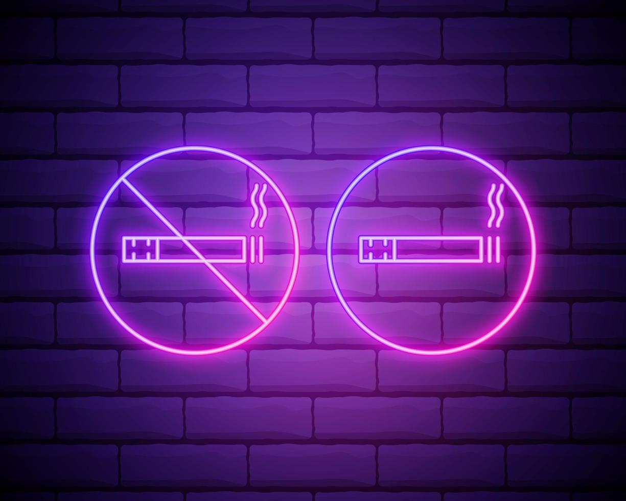 No smoking. Neon sign with prohibition of smoking. Circle with fuming cigarette with smoke. Icon with nigh time neon illumination. Vector illustration isolated on brick wall