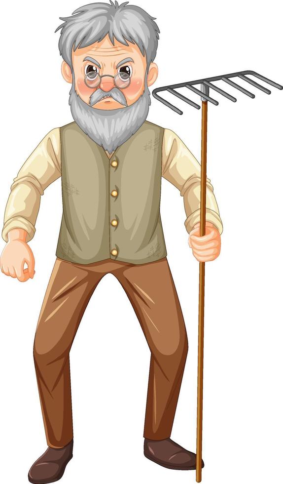 Old farmer man cartoon character holding rake garden tool vector