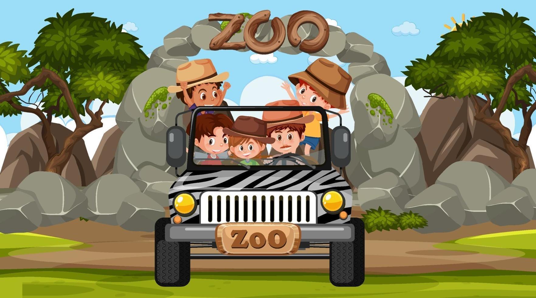 Zoo at day time scene with many kids in a jeep car vector