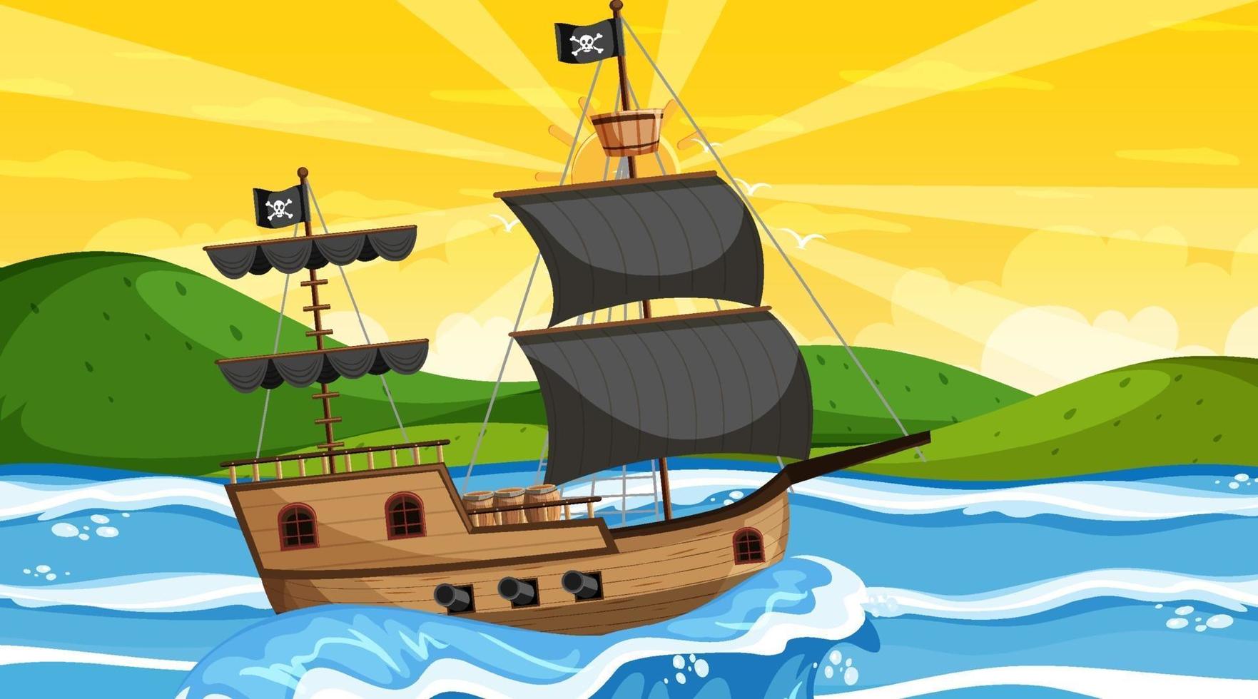 Ocean with Pirate ship at sunset time scene in cartoon style vector