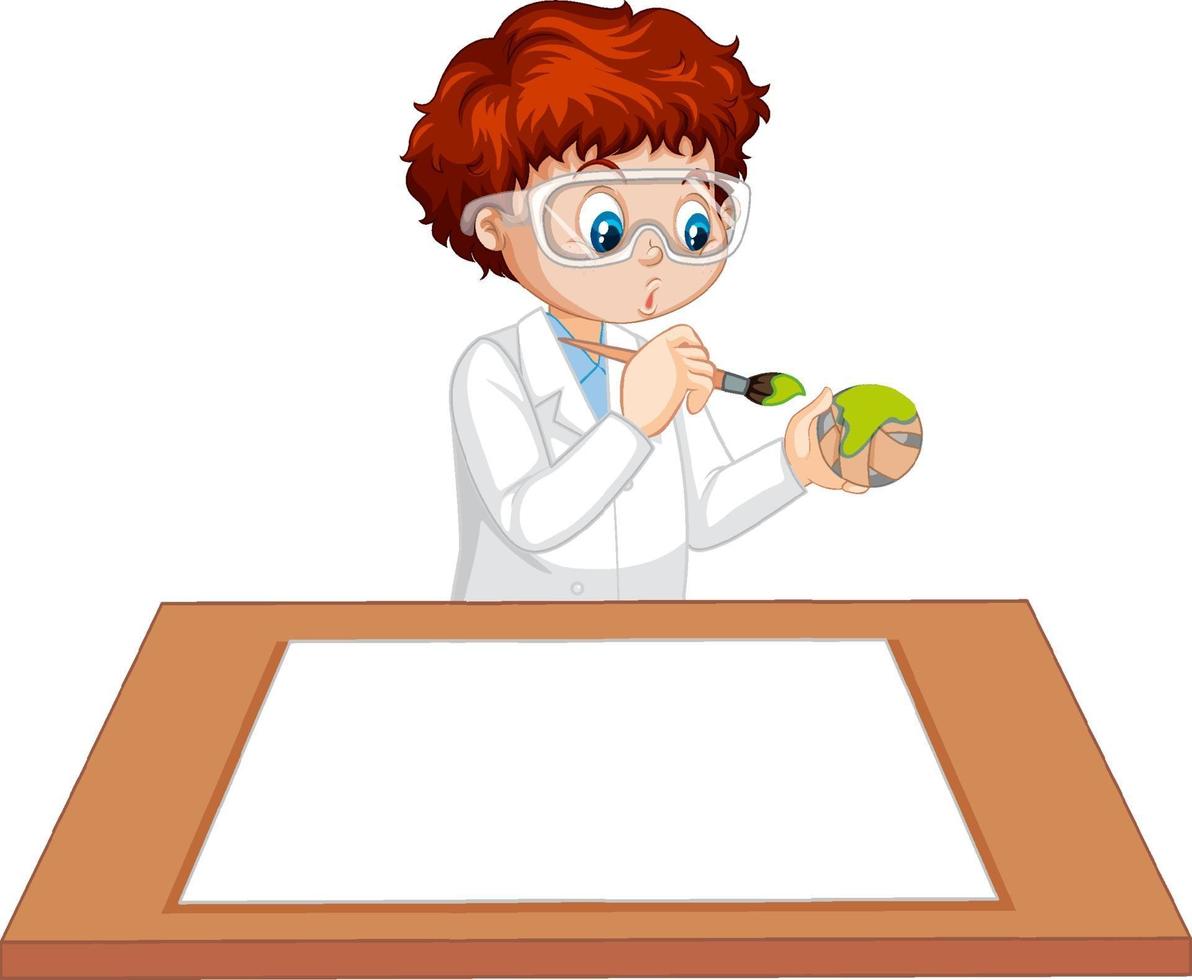 A boy wearing scientist gown with empty paper on the table vector