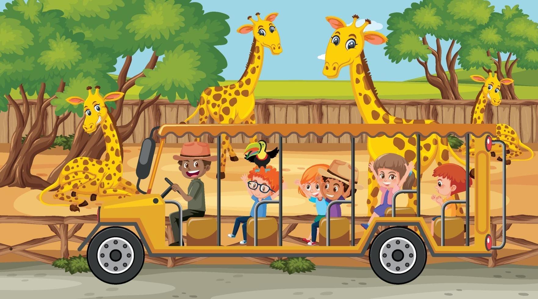 Escena de safari con muchas jirafas y niños en coche turístico. vector