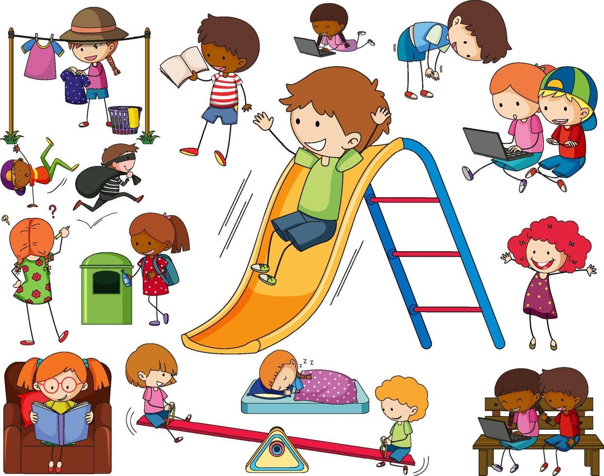 Set of different doodle kids cartoon character isolated vector