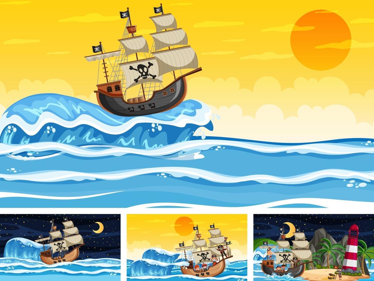 Conjunto de diferentes escenas de playa con barco pirata. vector