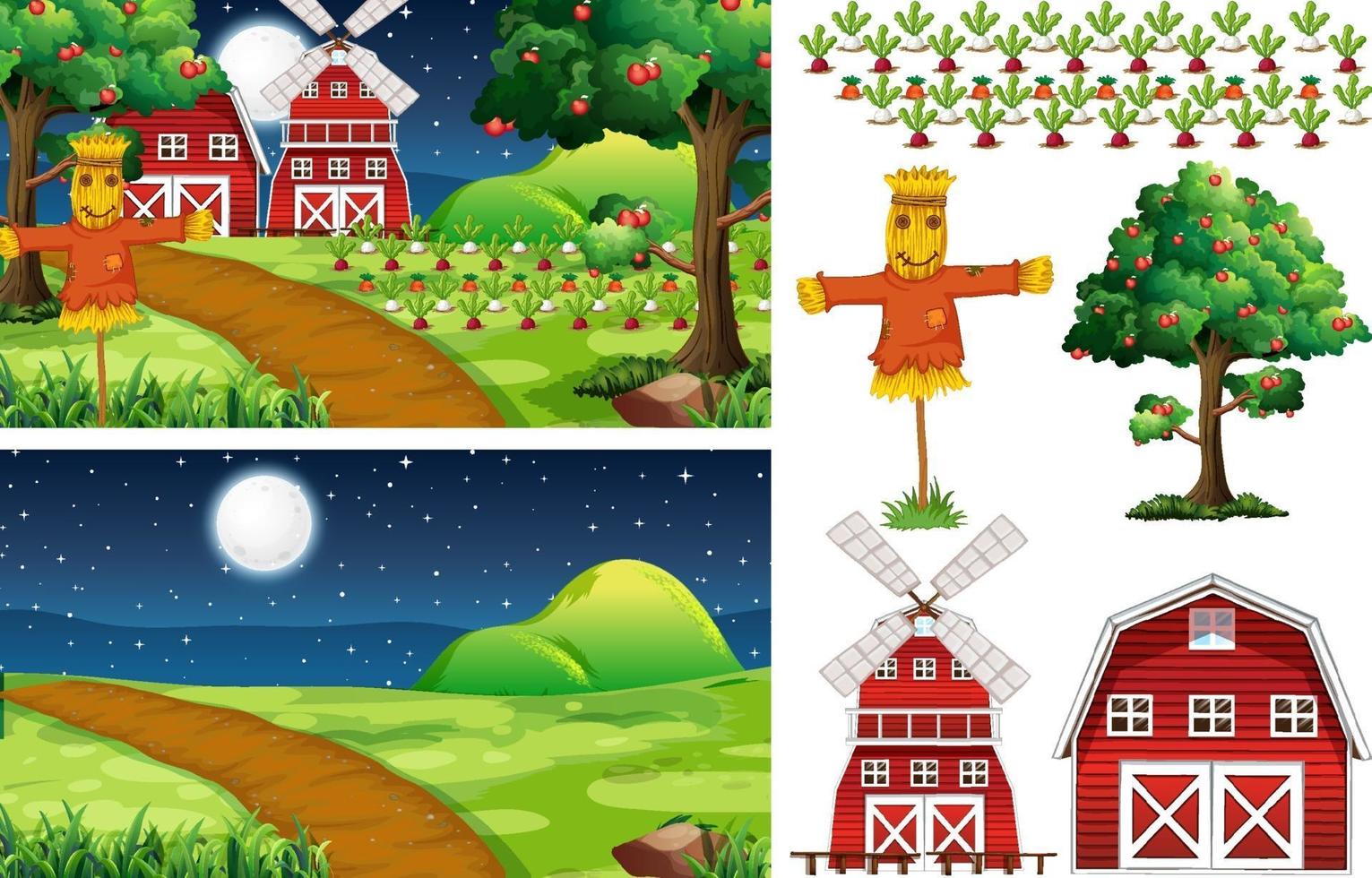 Farm element set isolated with farm scence vector