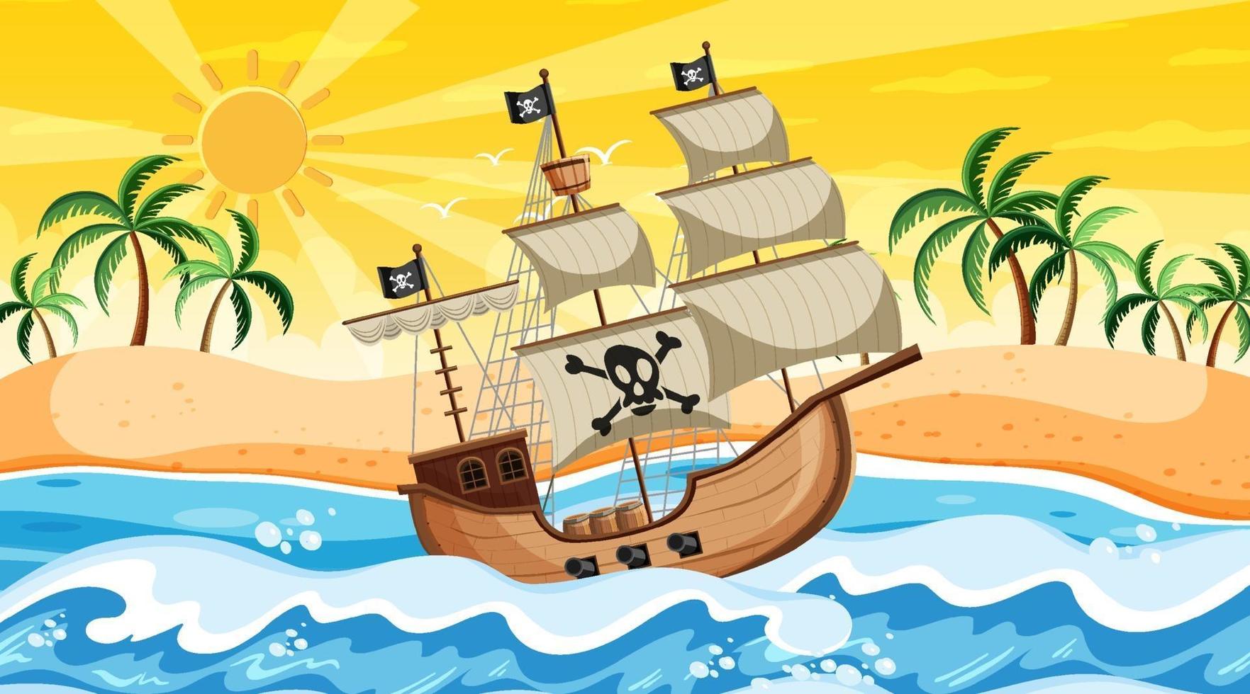 Beach scene at sunset time with Pirate ship in cartoon style vector