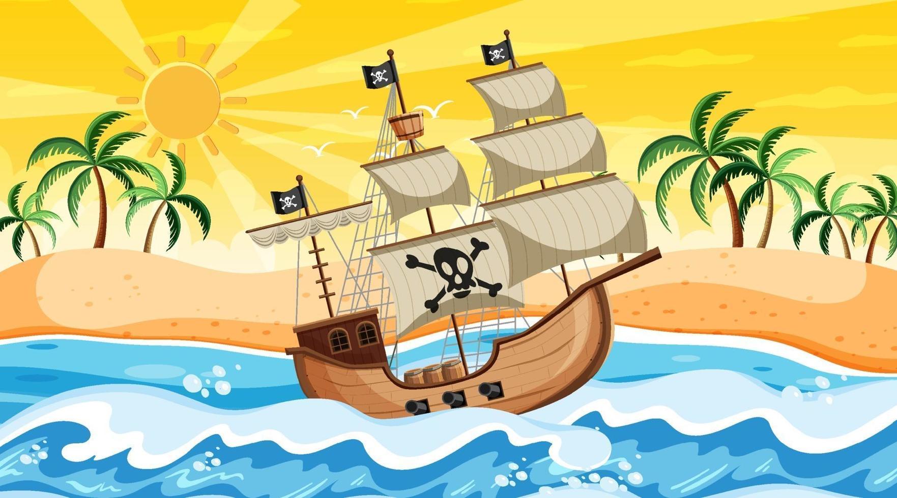 Escena de playa al atardecer con barco pirata en estilo de dibujos animados vector