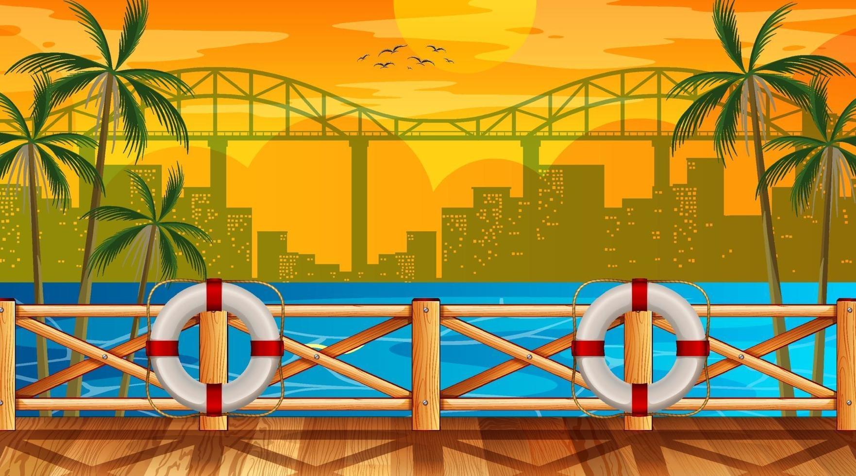 Tropical beach landscape scene with cityscape background vector