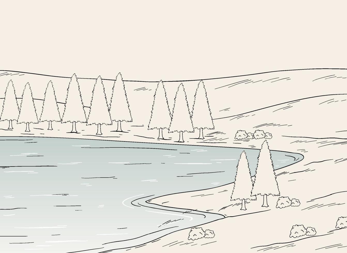 Sketch of lake along the meadow landscape scene vector