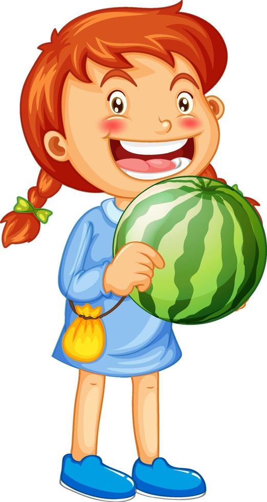 Una niña sosteniendo un personaje de dibujos animados de frutas de sandía aislado sobre fondo blanco. vector