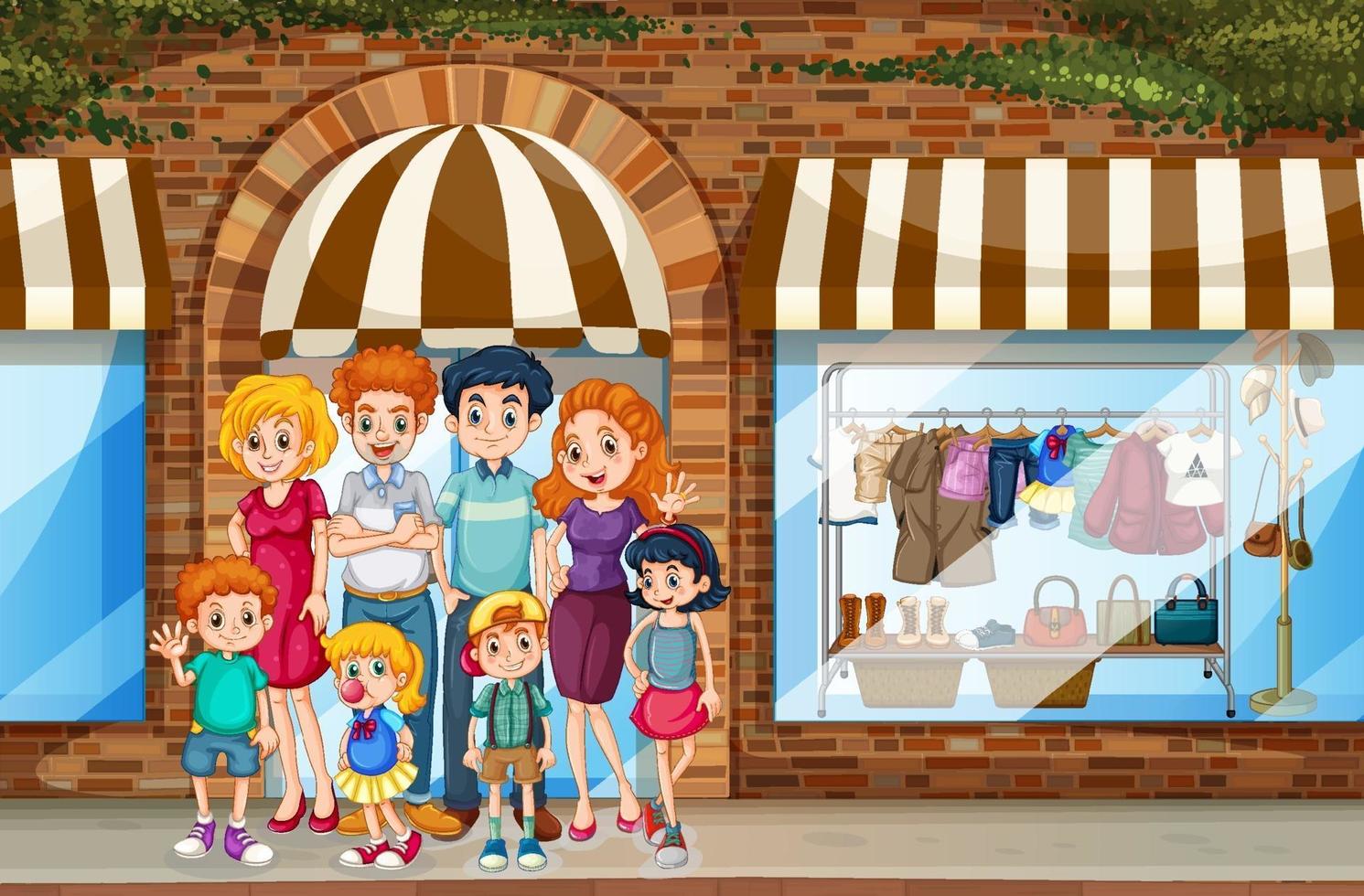 escena de la ciudad con familia feliz de pie frente a la tienda de compras vector