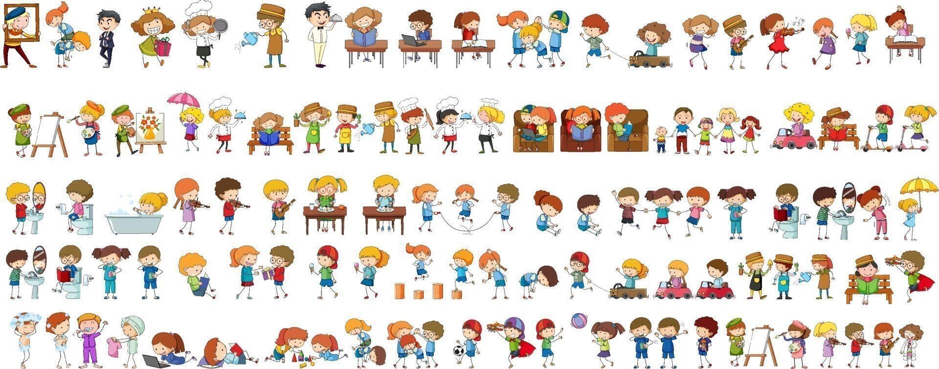 Set of different doodle kids cartoon character vector