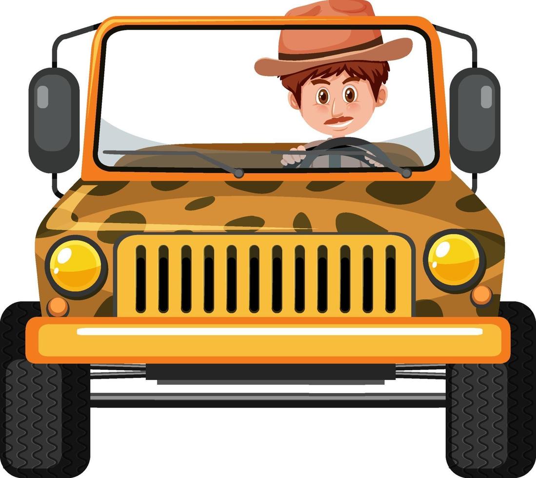 Concepto de zoológico con conductor hombre en coche jeep aislado vector