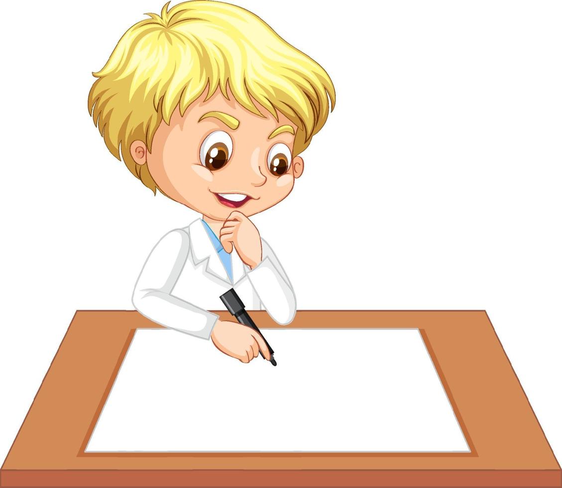 A boy wearing scientist gown with empty paper on the table vector