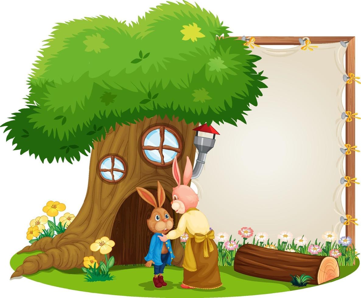 Blank banner in the garden with cute rabbits isolated vector