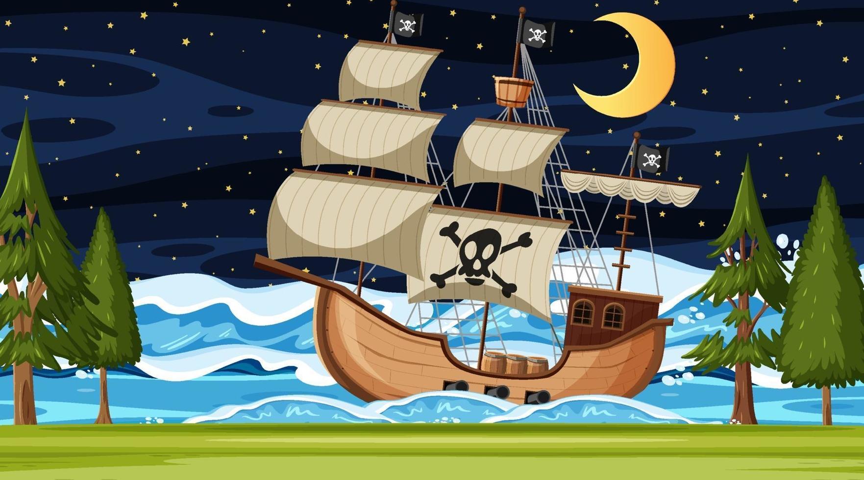 océano con barco pirata en la escena nocturna en estilo de dibujos animados vector