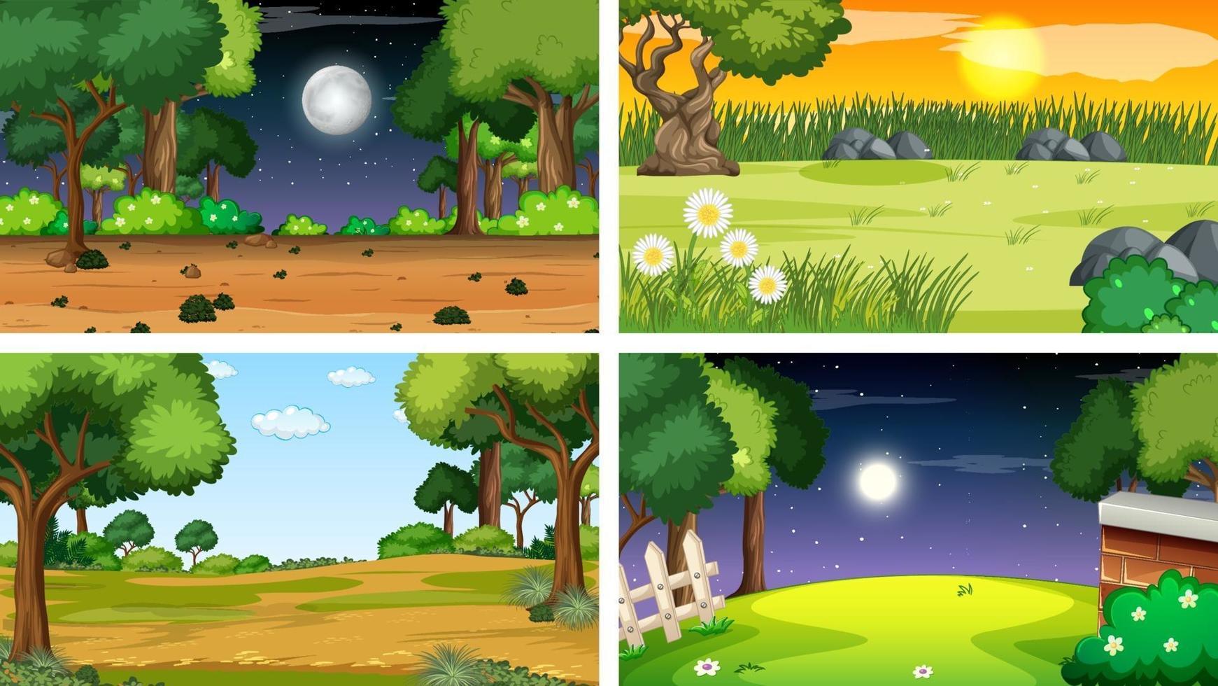 cuatro escenas diferentes de parque natural y bosque. vector