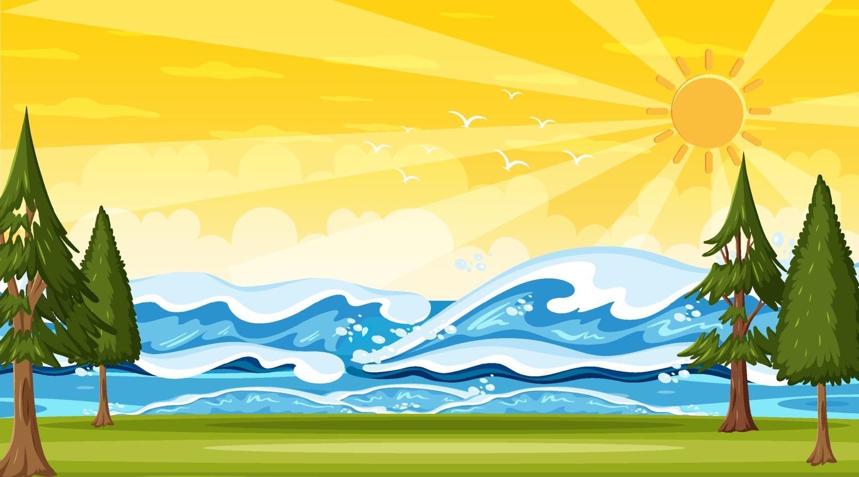 paisaje de playa en la escena del atardecer con olas del mar vector