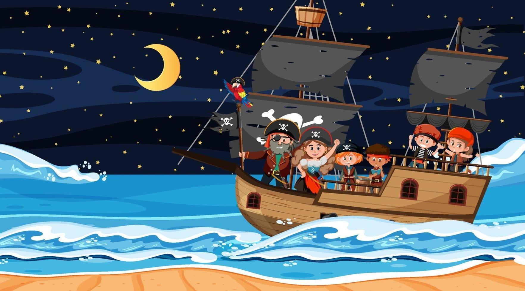 Escena de playa por la noche con niños piratas en el barco. vector