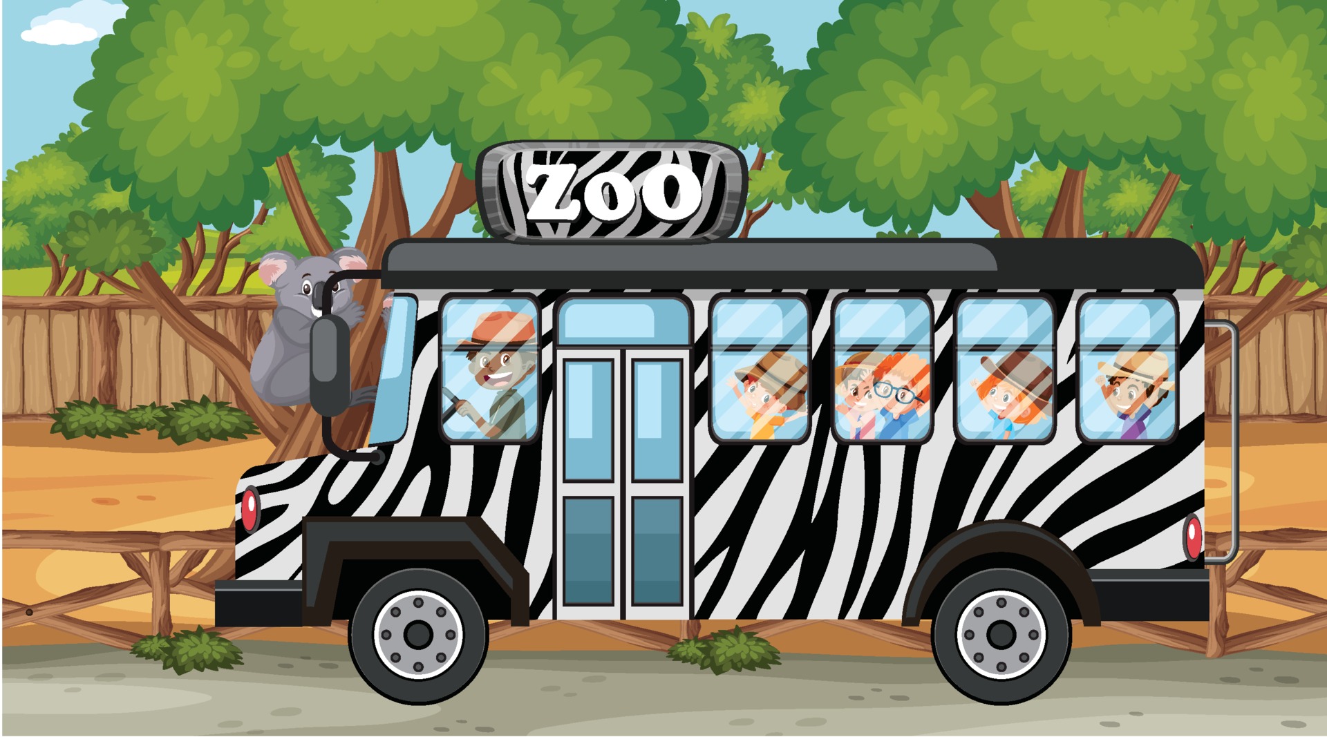 Zoo scene with children in the bus touring 2290291 Vector Art at Vecteezy