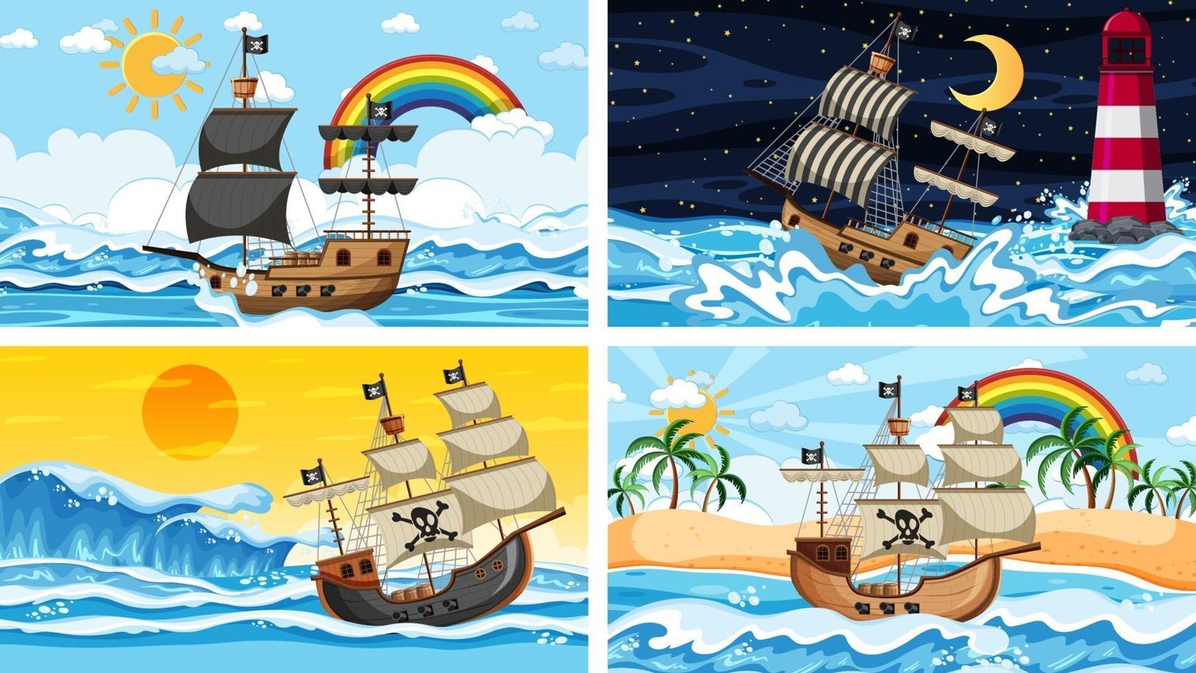Set of Ocean with Pirate ship at different times scenes  in cartoon style vector