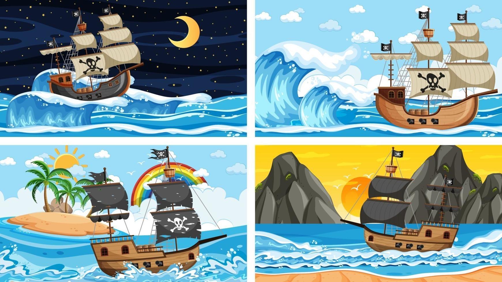 Set of Ocean with Pirate ship at different times scenes  in cartoon style vector