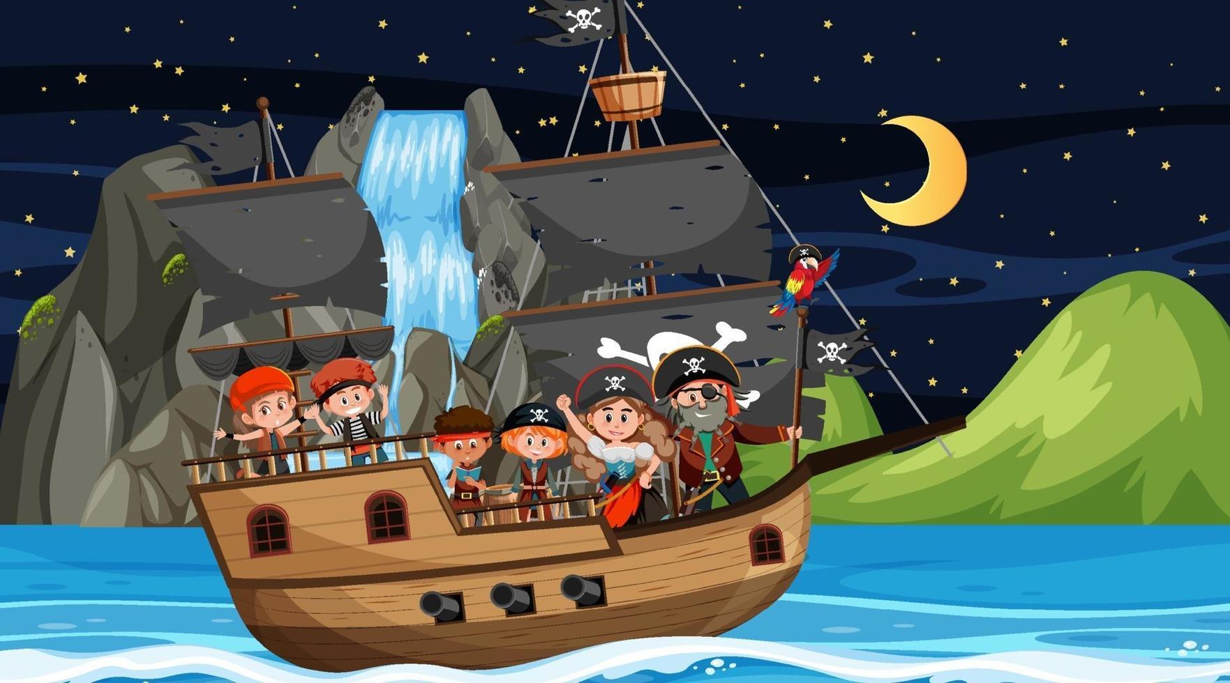 escena de la isla del tesoro en la noche con niños piratas en el barco vector