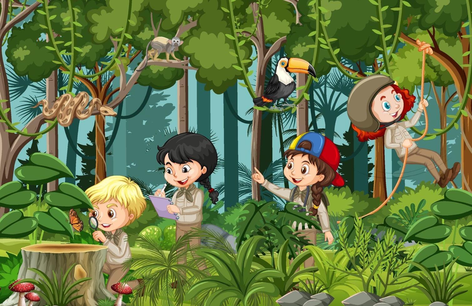 Forest scene with many children doing different activities vector