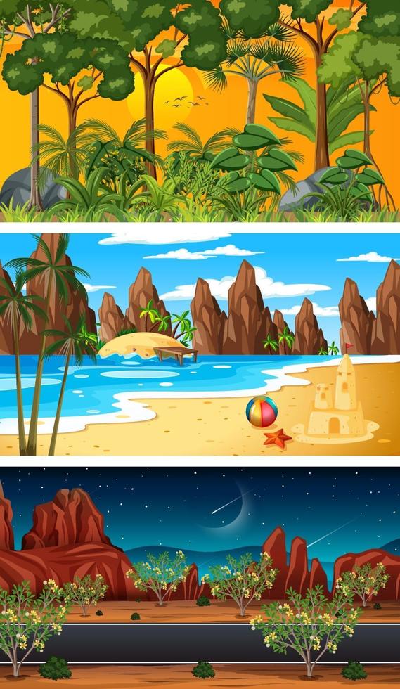 Tres escenas horizontales de bosque diferentes. vector