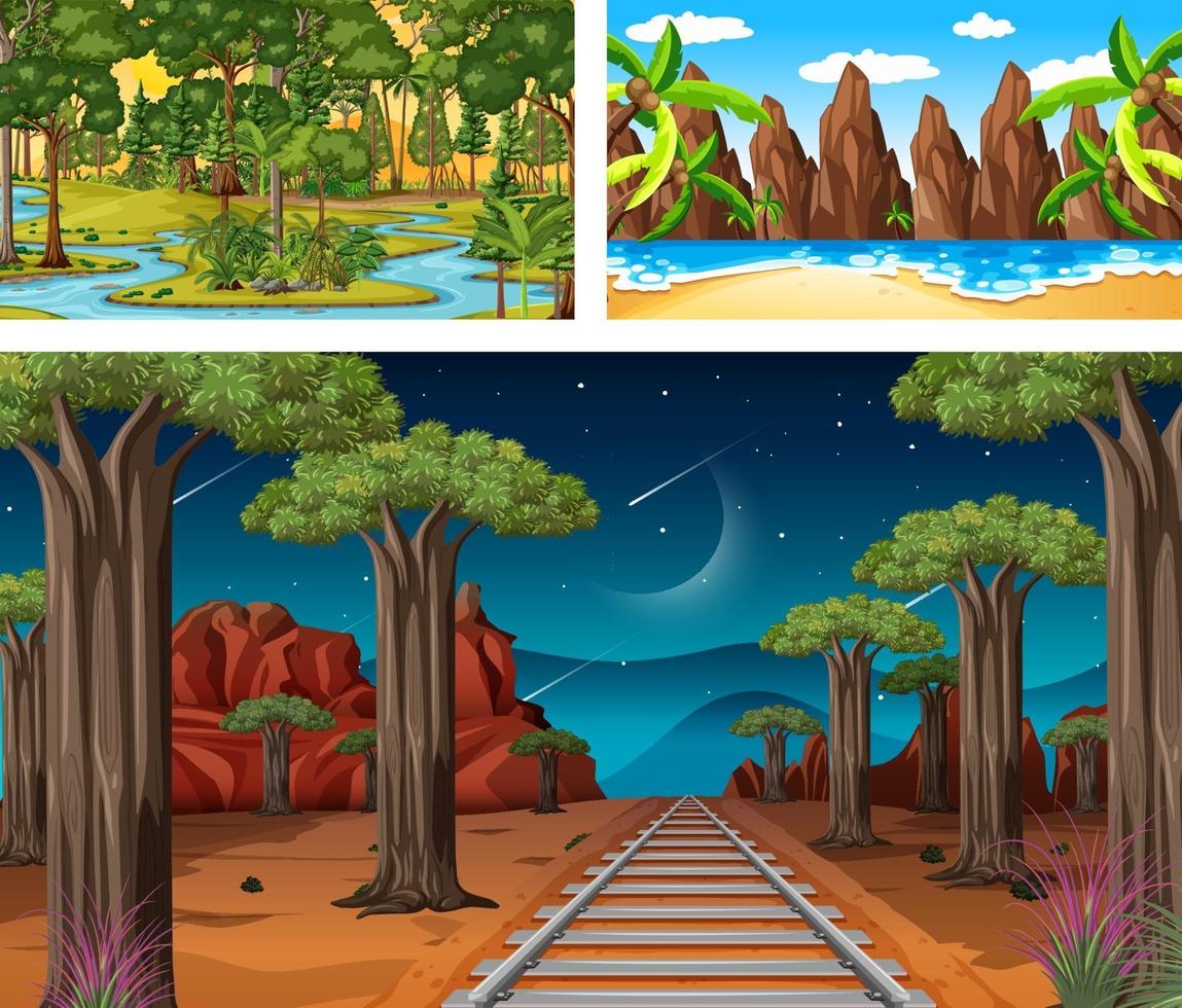 conjunto de diferentes escenas horizontales del bosque. vector