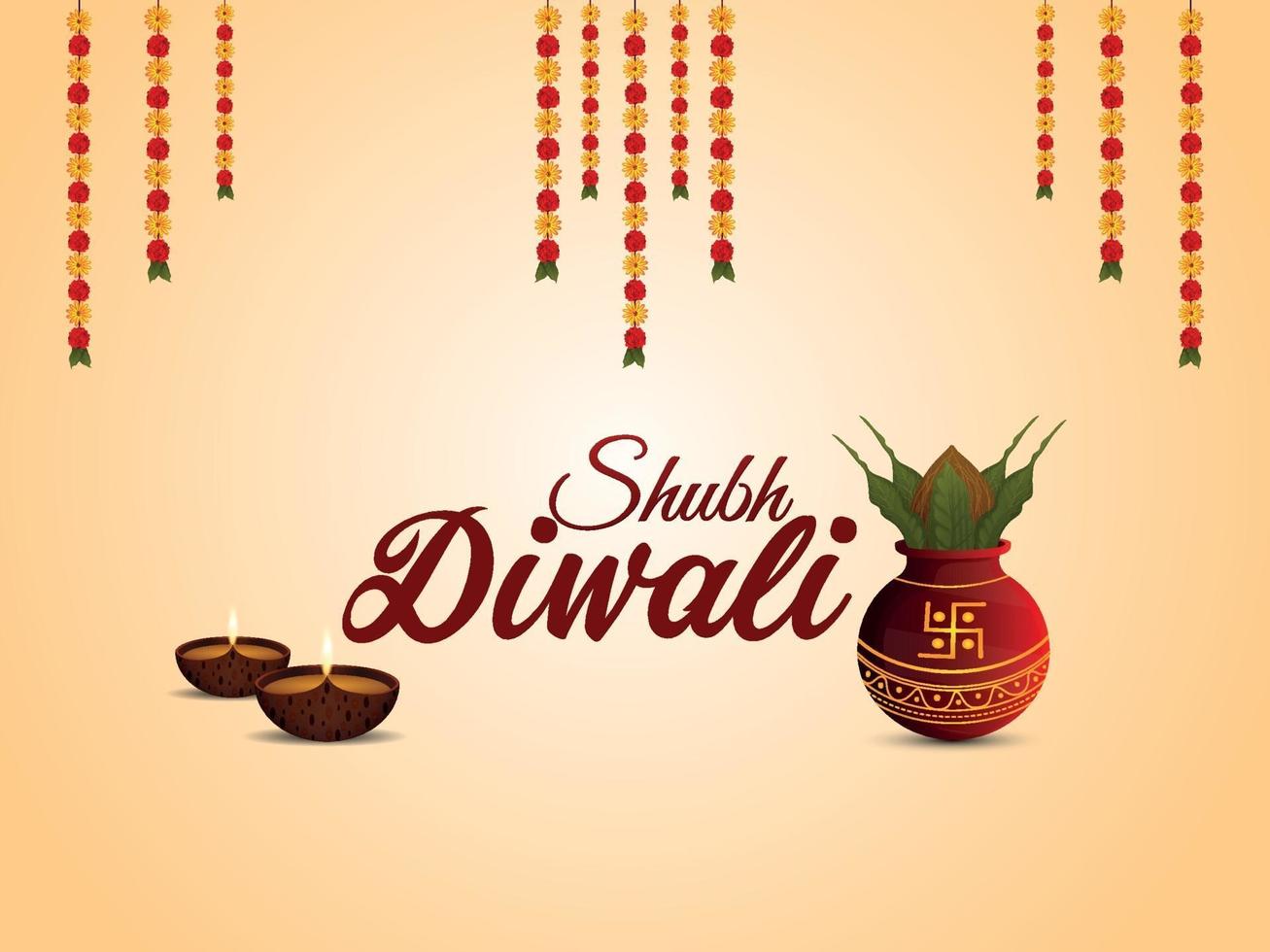 Shubh diwali vector illustration with creative kalash and diwali diya