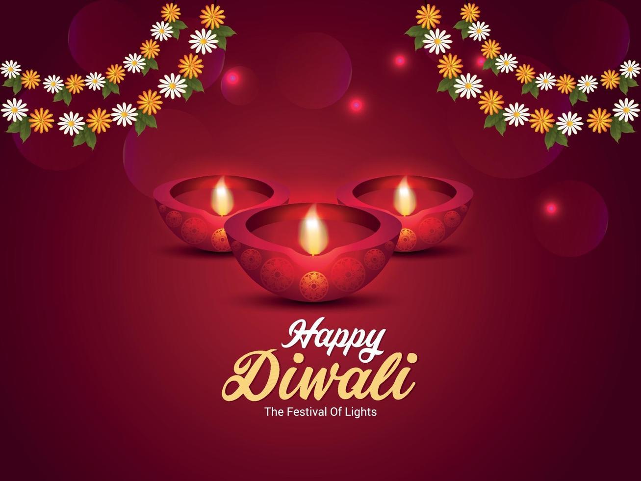 diwali el festival de la luz, feliz tarjeta de felicitación de celebración del festival indio de diwali con diwali diya creativo y flor de guirnalda vector