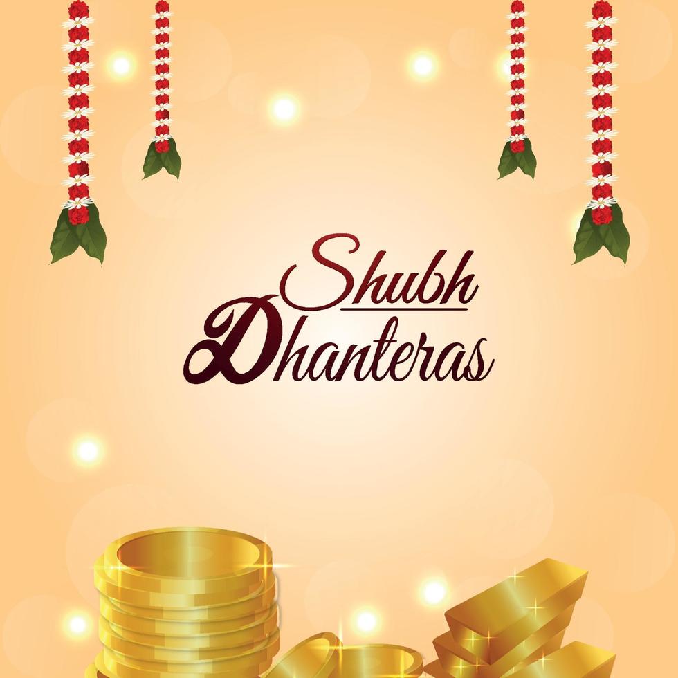 Ilustración de vector de shubh dhanteras con moneda de oro y flor de guirnalda