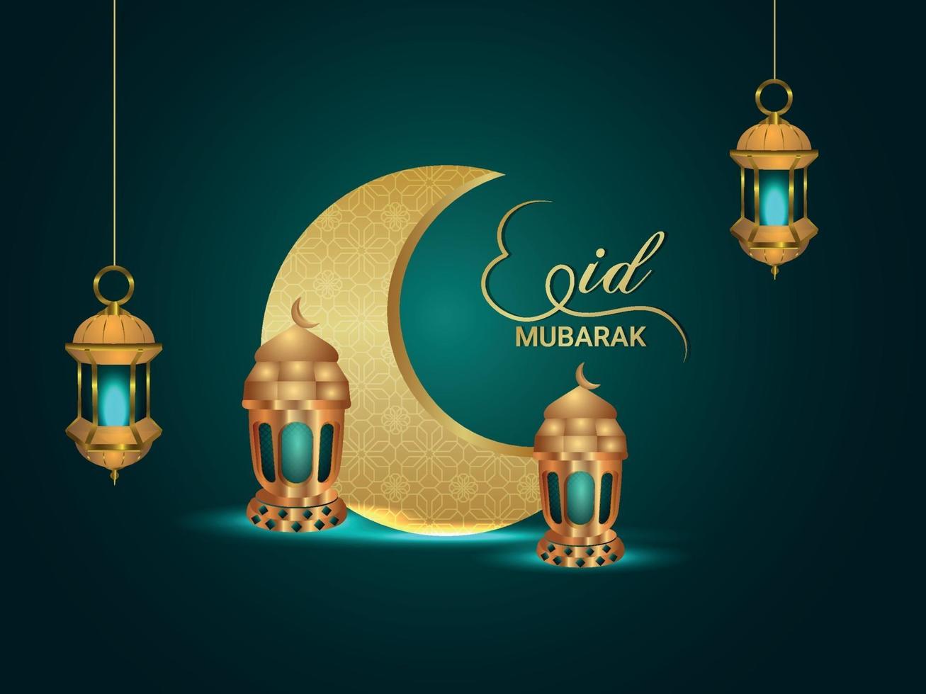 Tarjeta de felicitación de invitación de vector realista de eid mubarak y fondo