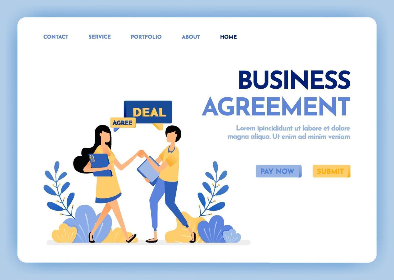 Illustration of refer a friend or business agreement. People shaking hands and agreeing strategy and plan. Corporate partnership. Design concept for banner, landing page, web, website, poster, ui ux vector