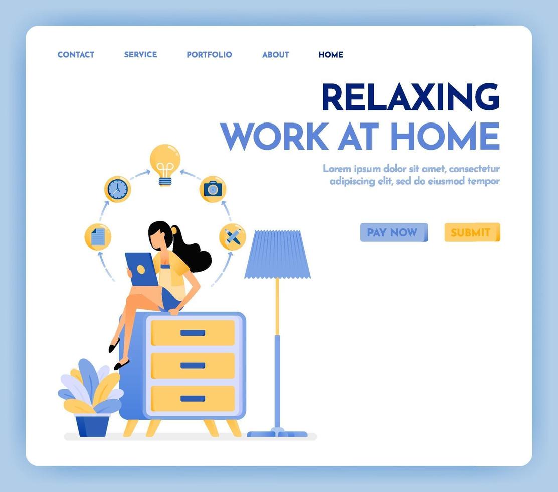 Illustration of work at home. Freelance woman working on tablet and sit at top of cupboard, dressed in cozy clothes to online study and education. Design concept for banner, landing page, poster, web vector