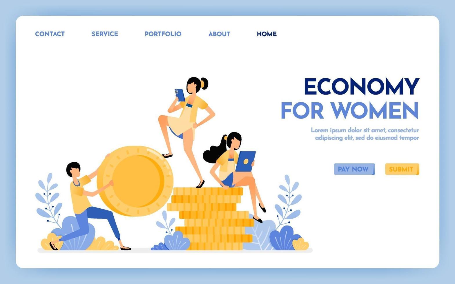 Illustration of economy for women. Men hold money and women sit on money for anti-patriarchy economy, finance, investment and banking. Design concept for banner, landing page, web, website, poster, ui vector