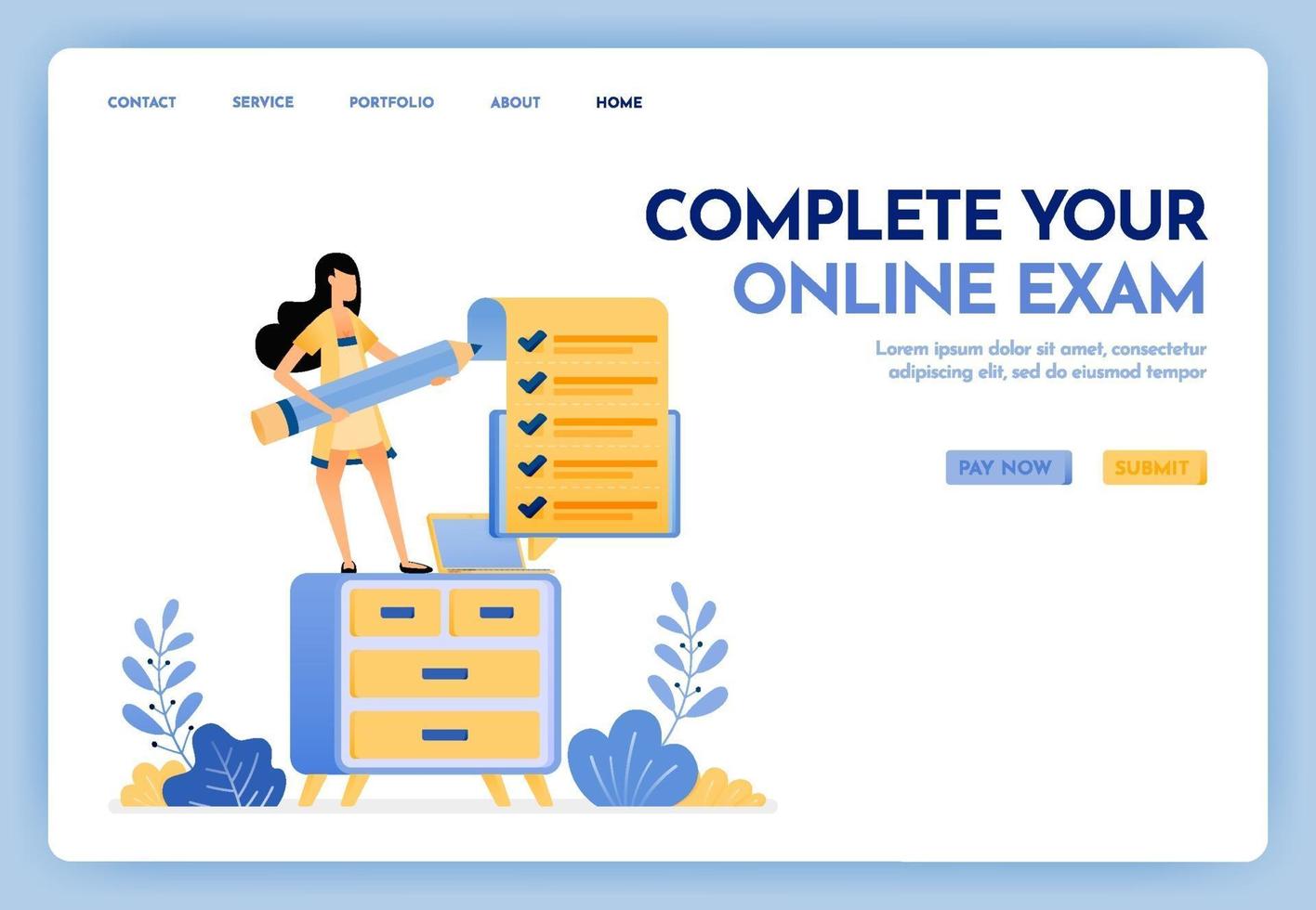 Illustration of work at home. Freelance woman holding a pencil and completing online exam or survey. Study at home with a laptop. Design concept for banner, landing page, web, website, poster, ui ux vector