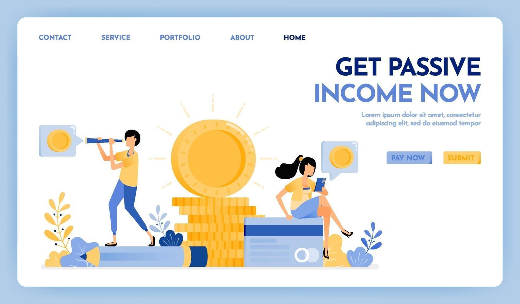 Illustration of get passive income. People earn passive income working from home. 3d pile of shining money and plastic credit cards. Design concept for banner, landing page, web, website, poster, ui vector