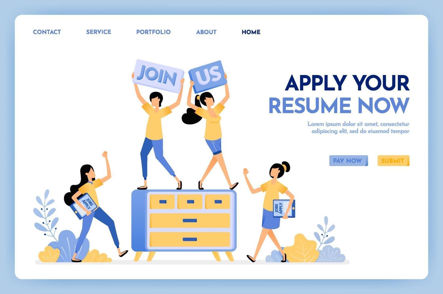 Illustration of join us hiring people. People applying for jobs by submitting resumes. We are hiring work at home for freelance jobs. Design concept for banner, landing page, web, website, poster, ui vector